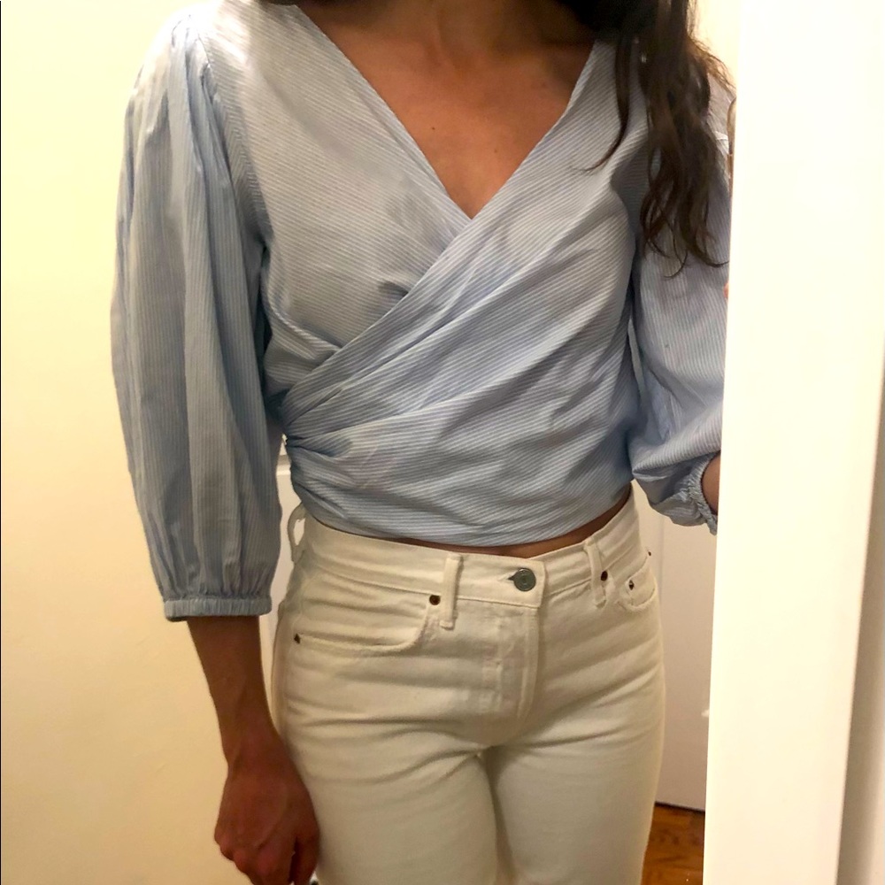 Elizabeth and James Light Blue Wrap Blouse